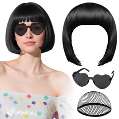 PLULON black bob wig with heart sunglasses for versatile cosplay looks.