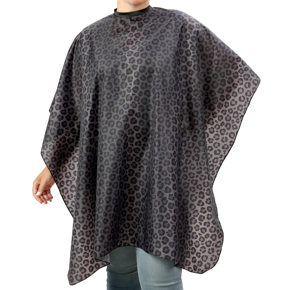 Plum Hill waterproof black leopard cape front view protects clients during haircuts