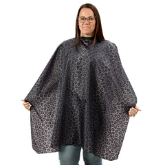 Plum Hill cape model in glossy fabric highlights professional salon look
