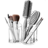 PMLAND large wavy acrylic makeup brush holder full view showing organized cosmetics.
