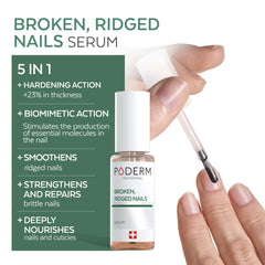 Poderm nourishing oil-serum applied to nails and skin supports smooth, strong nails.