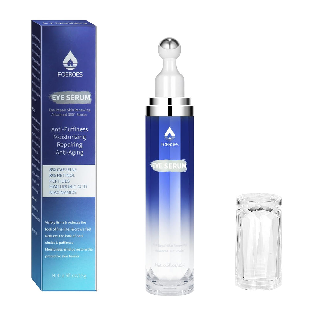 POEROES Eye Serum roller bottle shows easy daily use for reducing under-eye puffiness