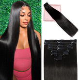 POGINJA clip-in hair extensions natural black 1B closeup showing smooth color blend for everyday style