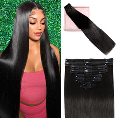 POGINJA clip-in hair extensions natural black 1B closeup showing smooth color blend for everyday style