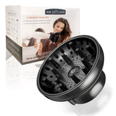 Polly Online diffuser attachment universal fit demonstrates adaptable nozzle for gentle curly drying.