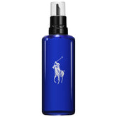 Polo Blue refill bottle pour demonstrates easy replenishment for long-lasting freshness.