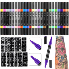 Ponhey tattoo markers in 24 colors with 67 stencils for colorful skin art ideas.