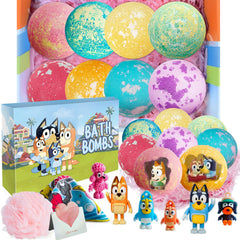 POPBATH Blue Heeler gift set packaging with vibrant bombs for playful bath time