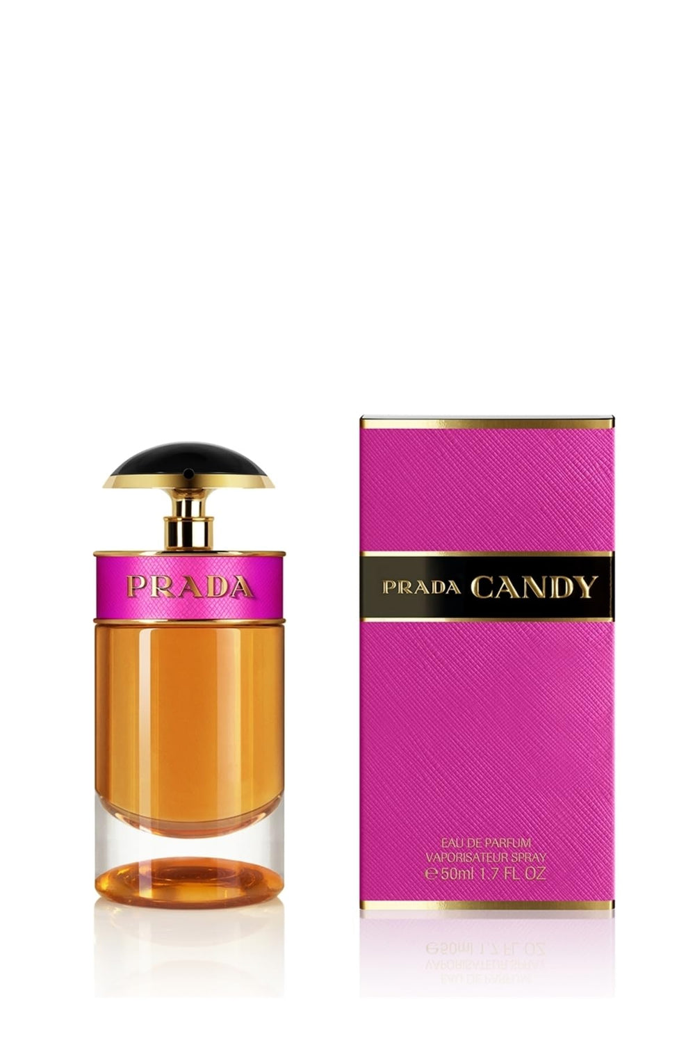 Prada Candy bottle front highlighting a lasting, playful fragrance for everyday wear.