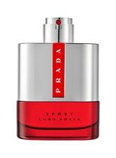 Prada Luna Rossa Sport bottle closeup highlights a bold, refreshing scent for on-the-go confidence.