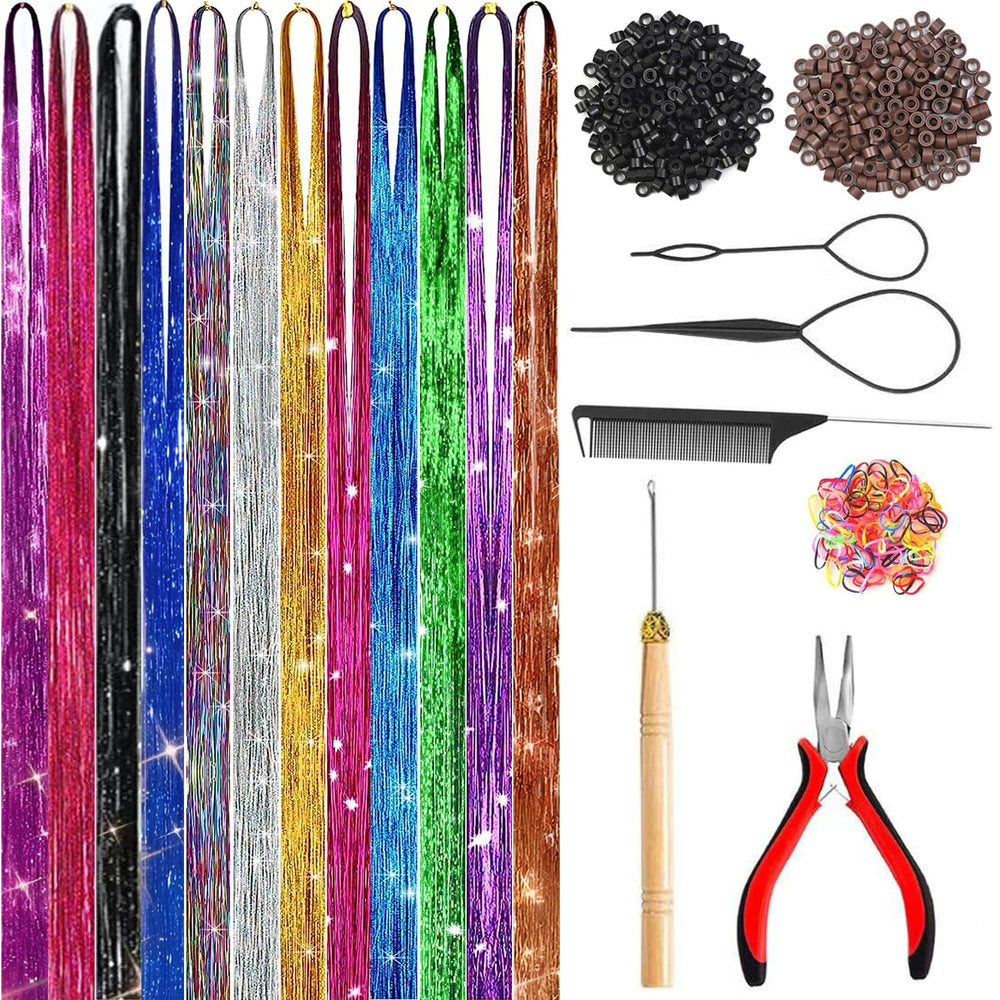 Prehot hair tinsel kit 48inch colors: vibrant strands for daily sparkle and easy styling.