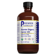 Premier Research Labs Organic Castor Oil bottle pour for facial care and nourishment.