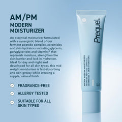 Prequel Skin AM/PM Modern Moisturizer label closeup showcases fragrance-free formula