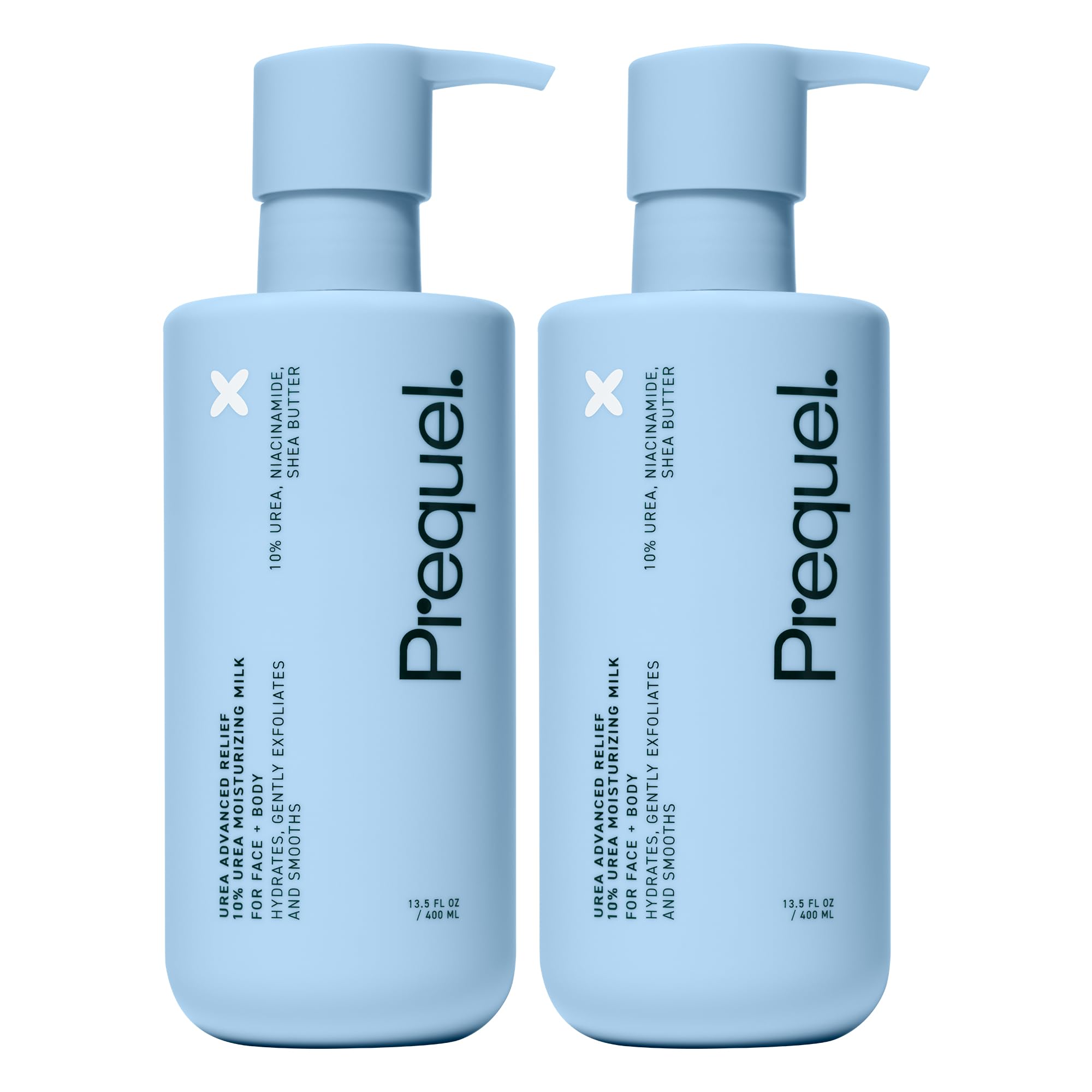 Prequel Skin Urea Advanced Relief Milk bottle highlights 10% urea for intense daily hydration.