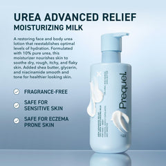 Prequel Skin Urea Advanced Relief Milk pump shows easy, mess-free daily moisturization.