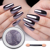 Pretty Diva chrome nail powder jar showing a silvery-black mirror finish for luxe nail art.