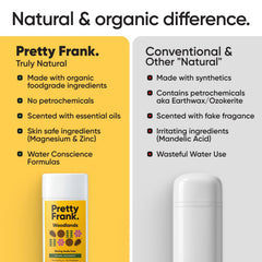 Pretty Frank arrowroot-based formula absorbs moisture for dry, comfortable wear.