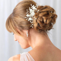 PrettyLife white 3D flower hair clip adds subtle sparkle to buns and half up styles