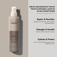 PREVIA Hydrating Biphasic Leave-In Spray being shaken to activate biphasic formula for moisture.