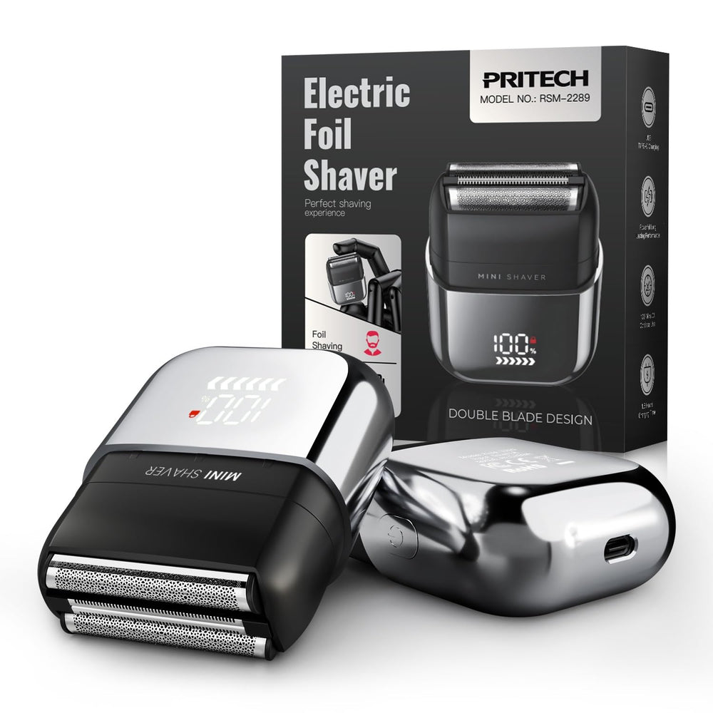 PRITECH electric foil shaver face closeup with 3-blade system for a smooth shave