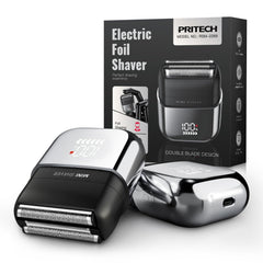 PRITECH electric foil shaver face closeup with 3-blade system for a smooth shave