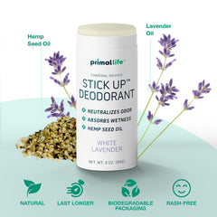 Primal Life Organics Stick Up deodorant White Lavender applicator shown for easy daily swipe.