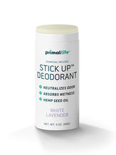 Primal Life Organics Stick Up deodorant White Lavender packaging highlights eco-friendly, travel-ready design.