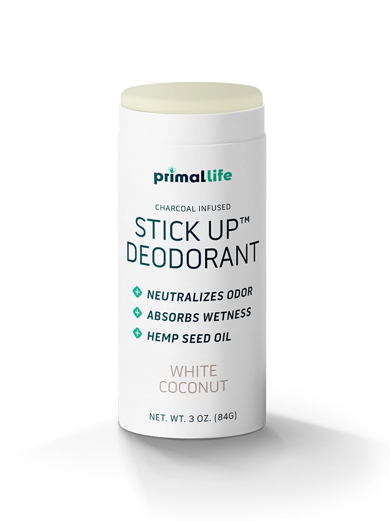 Primal Life Organics Stick Up White Coconut bottle shows crisp coconut scent and lasting freshness.