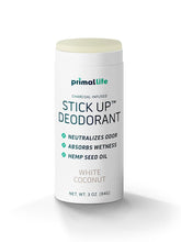 Primal Life Organics Stick Up White Coconut bottle shows crisp coconut scent and lasting freshness.