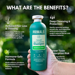 PRIMALS shampoo lather close-up showing plant-derived cleansing for gentle scalp care.