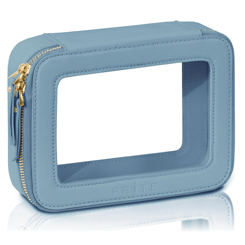 Prite clear makeup bag blue with golden zipper for easy viewing and secure storage.