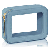 Prite clear makeup bag blue with golden zipper for easy viewing and secure storage.