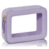 Prite clear makeup bag with boxy violet design for easy travel organization.