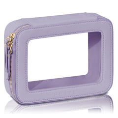 Prite clear makeup bag with boxy violet design for easy travel organization.