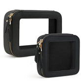 Prite clear makeup bag closed with gold zipper, a stylish travel-ready accessory.