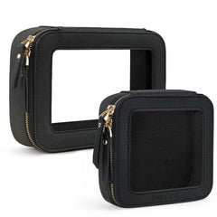 Prite clear makeup bag closed with gold zipper, a stylish travel-ready accessory.