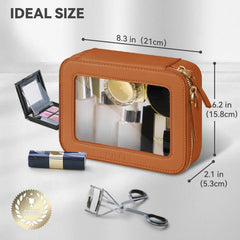 Prite Clear Makeup Bag interior shows roomy capacity with dimensions 8.3 by 6.2 by 2.1 inches
