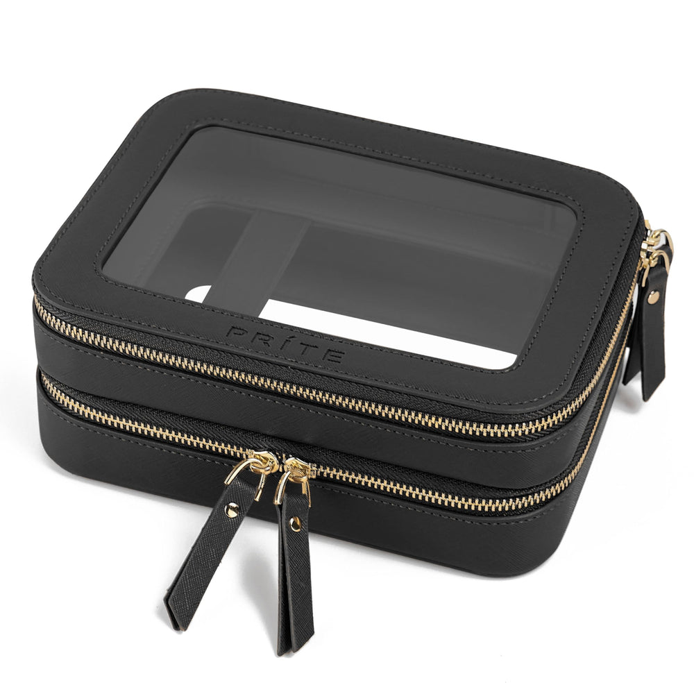 Prite clear makeup bag with double-layer design and brush compartment for organized travel