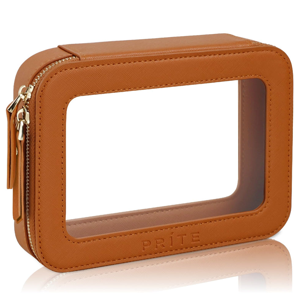 Prite Clear Makeup Bag front view shows compact travel storage for cosmetics