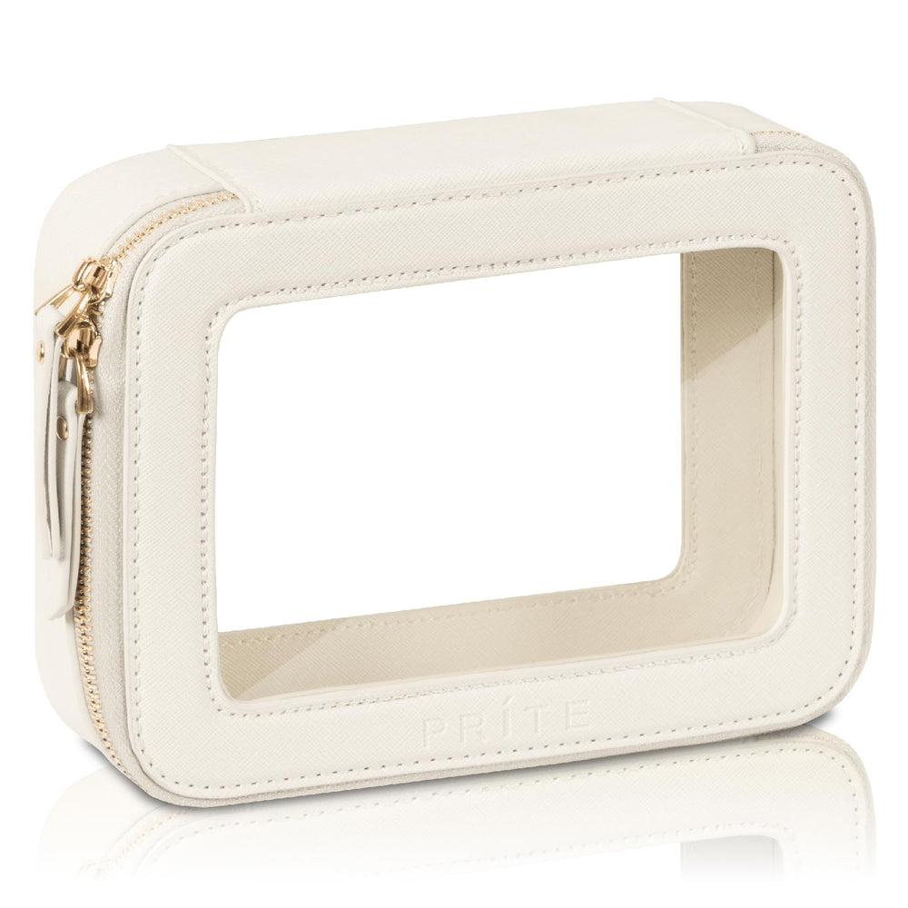 Prite clear makeup bag front view in beige vegan leather with a golden zipper for quick item grab.