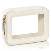 Prite clear makeup bag front view in beige vegan leather with a golden zipper for quick item grab.