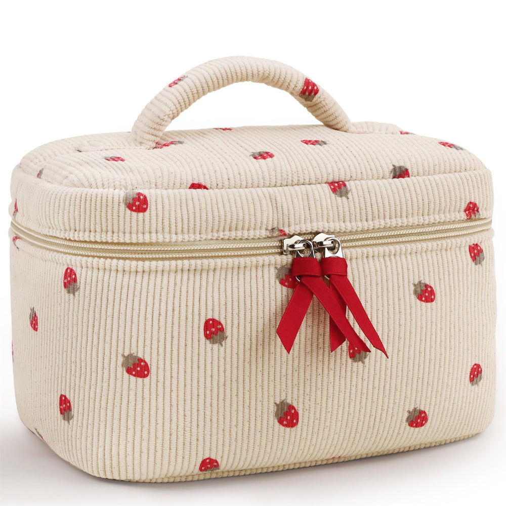 Prite Corduroy makeup bag with strawberry floral pattern for stylish travel storage.