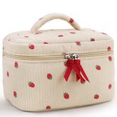 Prite Corduroy makeup bag with strawberry floral pattern for stylish travel storage.