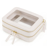 Prite double-layer makeup bag beige with gold zipper for organized travel storage