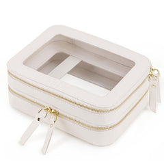 Prite double-layer makeup bag beige with gold zipper for organized travel storage