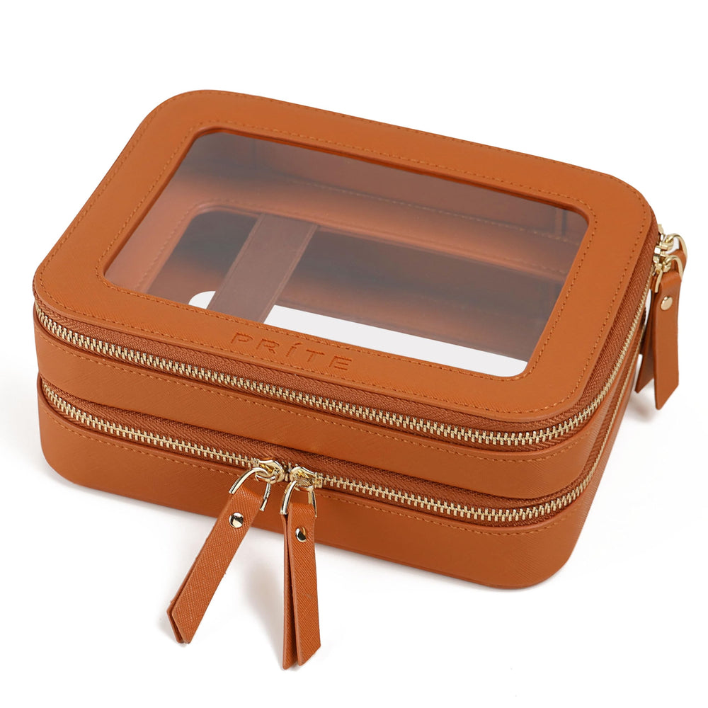 Prite large clear makeup bag front view with double-layer storage for cosmetics