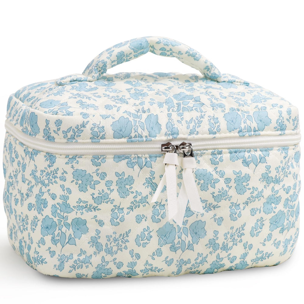 Prite large makeup bag blue flower front view shows ample storage for cosmetics on the go.
