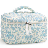 Prite large makeup bag blue flower front view shows ample storage for cosmetics on the go.