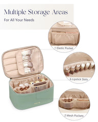 Prite makeup bag green top-access design speeds cosmetic retrieval.