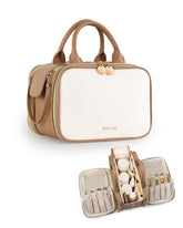 Prite makeup bag in beige brown front view showing large capacity for travel organization